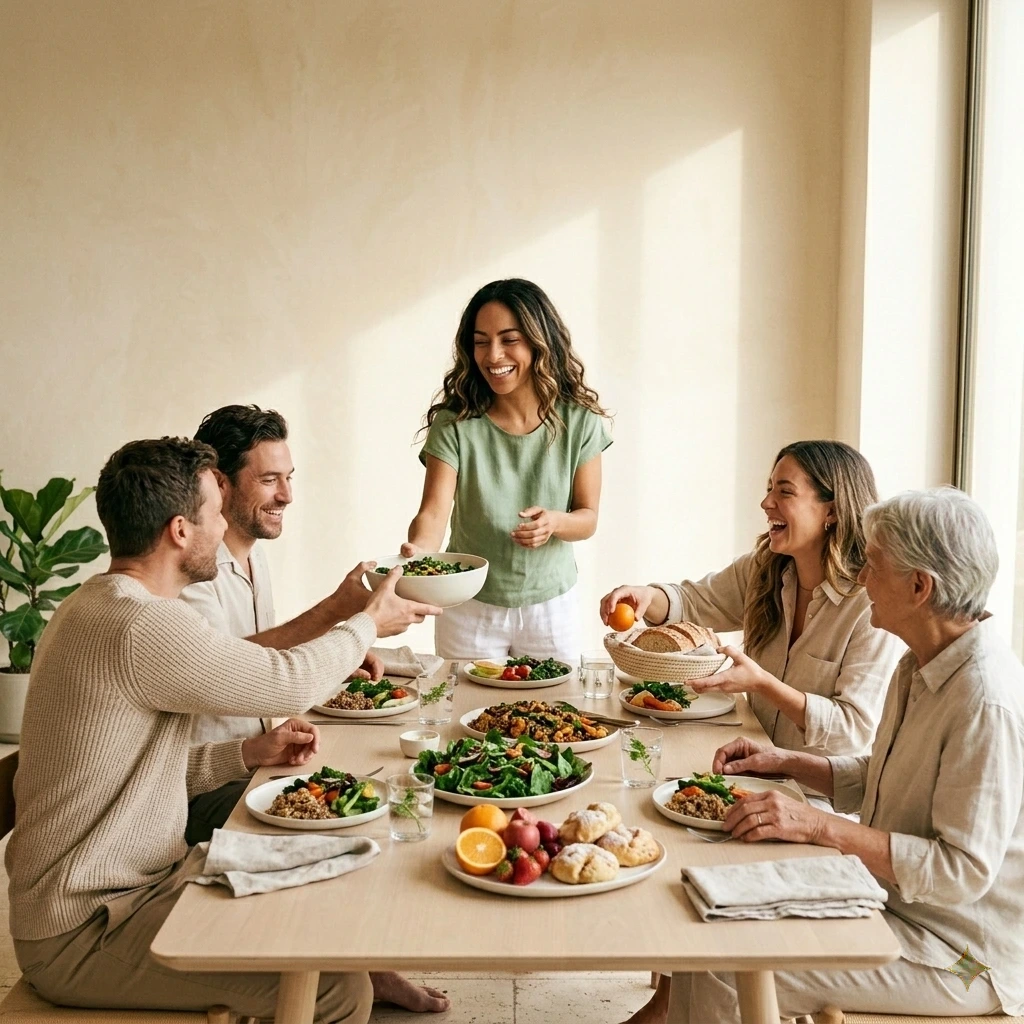Personnes partageant un repas convivial et détendu autour d'une table — illustre la sérénité et le plaisir retrouvés à table, sans culpabilité